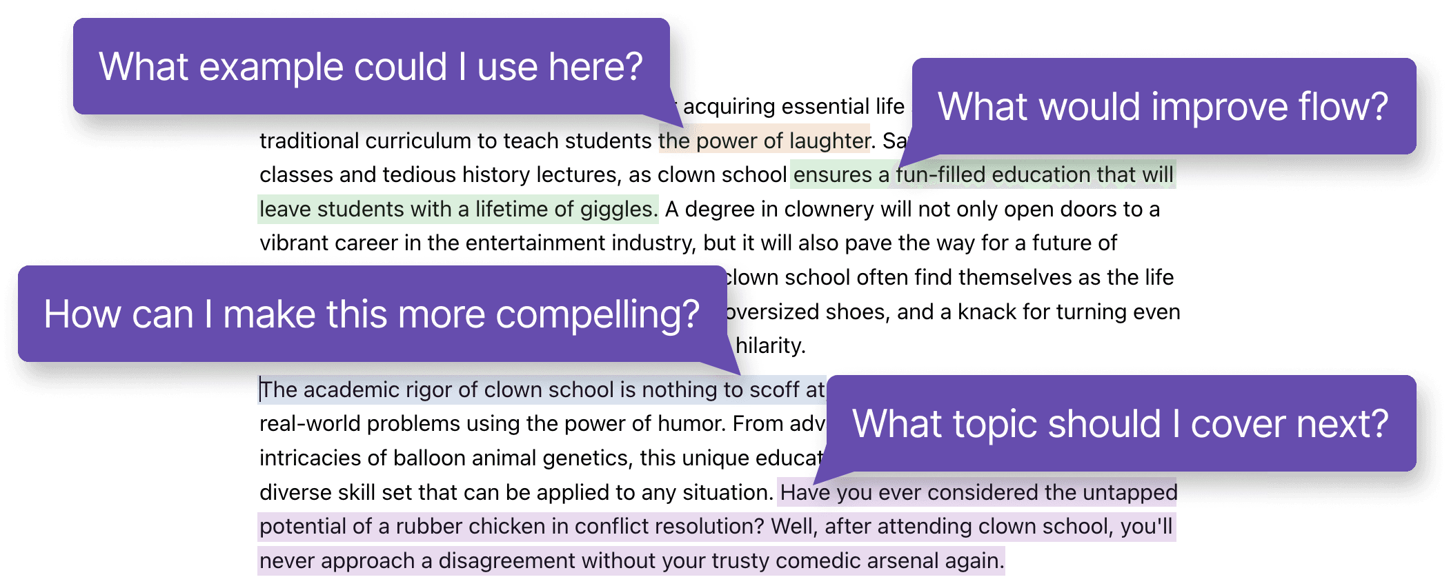 A screenshot of a document in Txt Muse, overlaid with chat messages to an AI assistant.