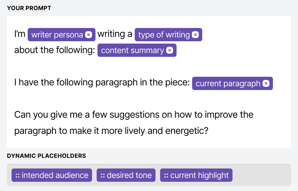 Screenshot of the dynamic AI prompt creation interface in Txt Muse.